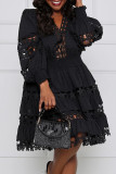 Black Sexy Solid Hollowed Out Patchwork V Neck A Line Dresses