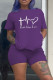 Purple Fashion Casual Print Basic O Neck Short Sleeve Two Pieces