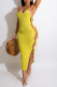 Yellow Sexy Solid Hollowed Out Spaghetti Strap Pencil Skirt Dresses