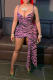 Red Sexy Print Patchwork Spaghetti Strap Irregular Dress Dresses