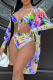 Blue Sexy Print Hollowed Out Patchwork Swimwears