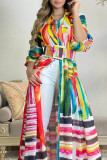 Colour Casual Print Patchwork Buckle Turndown Collar Shirt Dress Dresses(Contain The Belt)