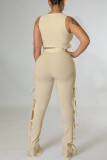 Yellow Sexy Solid Hollowed Out Patchwork Frenulum O Neck Sleeveless Two Pieces