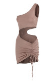 Khaki Sexy Solid Hollowed Out Draw String Frenulum Backless One Shoulder Sleeveless Dress