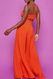 Tangerine Red Elegant Solid Split Joint Spaghetti Strap Sleeveless Two Pieces