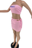 Pink Fashion Sexy Letter Print Bandage Backless Strapless Sleeveless Two Pieces