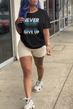 Navy Blue Fashion Casual Gradual Change Print Letter O Neck T-Shirts