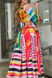Colour Casual Print Patchwork Buckle Turndown Collar Shirt Dress Dresses(Contain The Belt)