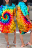 Red Fashion Casual Print Tie Dye Basic O Neck Short Sleeve Dress