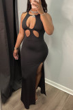 Yellow Fashion Sexy Solid Hollowed Out Slit O Neck Sleeveless Dress