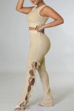 Yellow Sexy Solid Hollowed Out Patchwork Frenulum O Neck Sleeveless Two Pieces