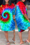 Red Fashion Casual Print Tie Dye Basic O Neck Short Sleeve Dress