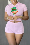 Pink Fashion Casual Print Basic Hooded Collar Short Sleeve Two Pieces