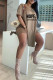 Khaki Casual Print Patchwork Slit V Neck Short Sleeve Two Pieces