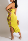 Yellow Sexy Solid Hollowed Out Spaghetti Strap Pencil Skirt Dresses