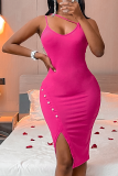 Rose Red Sexy Solid Buckle Spaghetti Strap Irregular Dress Dresses