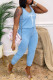 Baby Blue Fashion Casual Print Basic O Neck Regular Jumpsuits