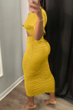 Blue Fashion Casual Solid Hollowed Out Fold O Neck Short Sleeve Dress