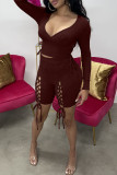 Grey Fashion Sexy Solid Bandage V Neck Long Sleeve Two Pieces