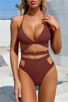 Brown Fashion Sexy Solid Hollowed Out Backless Swimwears (With Paddings)