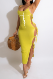 White Sexy Print Hollowed Out Spaghetti Strap Pencil Skirt Dresses