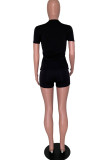 Black Fashion Casual Solid Patchwork O Neck Short Sleeve Two Pieces