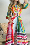 Colour Casual Print Patchwork Buckle Turndown Collar Shirt Dress Dresses(Contain The Belt)