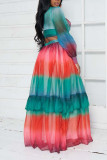 Blue Red Sexy Print Hollowed Out Patchwork Flounce V Neck Cake Skirt Dresses