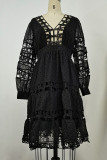 Black Sexy Solid Hollowed Out Patchwork V Neck A Line Dresses