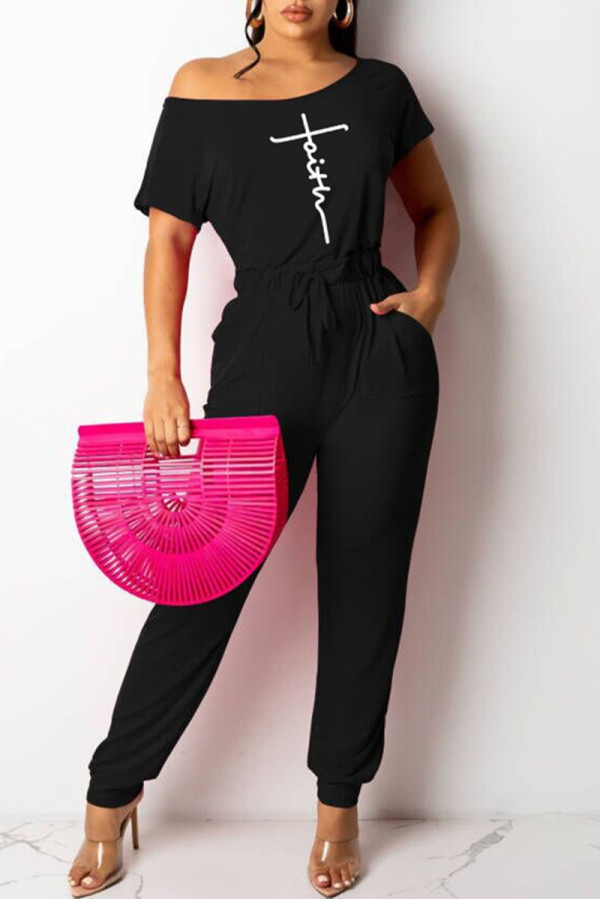 Black Fashion Casual Print Basic O Neck Regular Jumpsuits