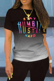 Black Casual Print Patchwork O Neck Short Sleeve Two Pieces