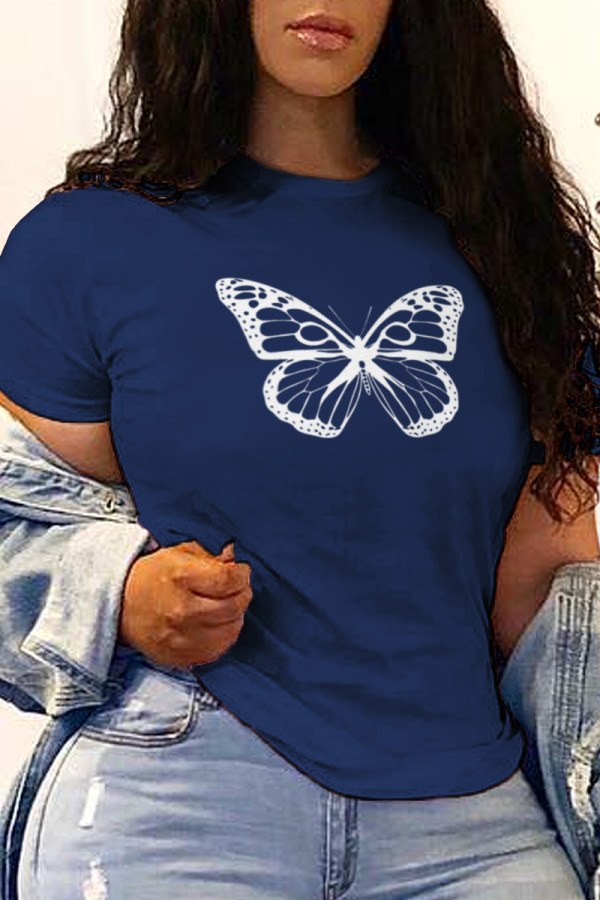 Navy Blue Fashion Street Butterfly Print Patchwork O Neck T-Shirts