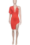 Tangerine Red Sexy Solid Patchwork Backless Asymmetrical Irregular Dress Dresses