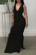 Black Sexy Solid Bandage Hollowed Out Patchwork Slit V Neck Straight Dresses