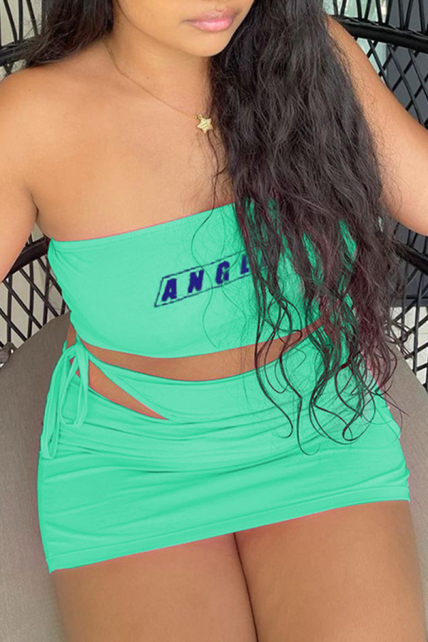 Green Fashion Sexy Letter Print Bandage Backless Strapless Sleeveless Two Pieces
