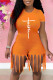 Tangerine Red Casual Print Tassel Patchwork O Neck Straight Rompers