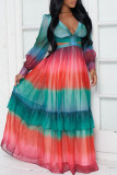 Blue Red Sexy Print Hollowed Out Patchwork Flounce V Neck Cake Skirt Dresses