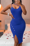 Rose Red Sexy Solid Buckle Spaghetti Strap Irregular Dress Dresses