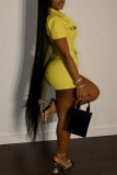 Yellow Fashion Casual Letter Embroidery Basic Zipper Collar Short Sleeve Dress
