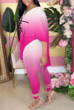Pink Casual Gradual Change Print Patchwork Slit V Neck Half Sleeve Two Pieces