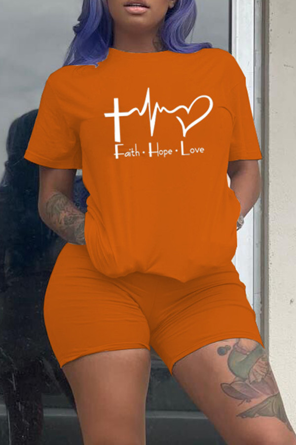 Orange Fashion Casual Print Basic O Neck Short Sleeve Two Pieces
