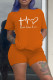 Orange Fashion Casual Print Basic O Neck Short Sleeve Two Pieces