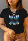 Navy Blue Fashion Casual Gradual Change Print Letter O Neck T-Shirts
