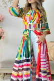 Colour Casual Print Patchwork Buckle Turndown Collar Shirt Dress Dresses(Contain The Belt)