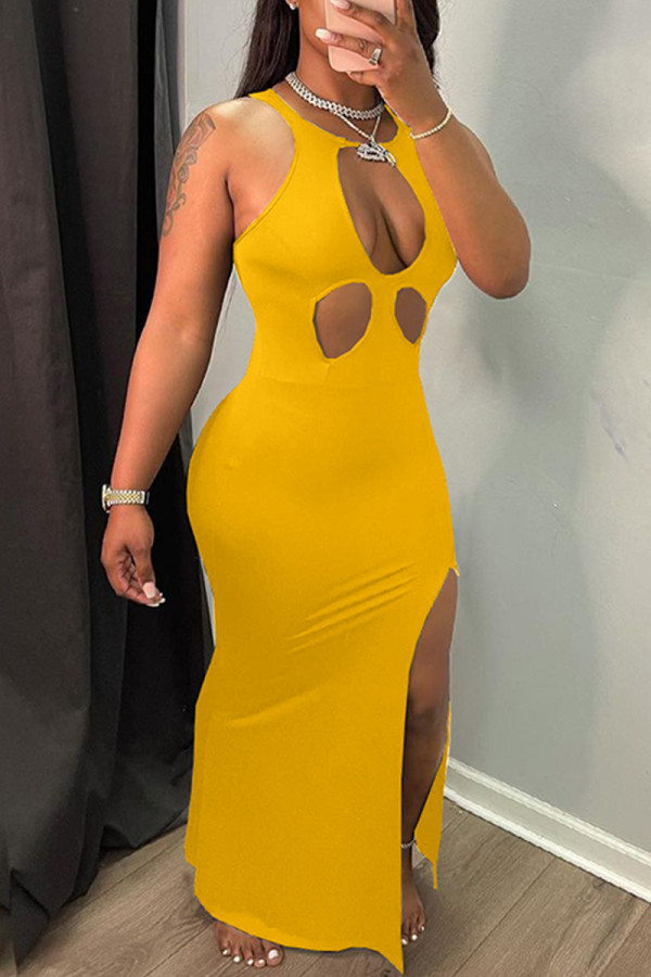 Yellow Fashion Sexy Solid Hollowed Out Slit O Neck Sleeveless Dress