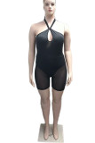 Black Sexy Solid Split Joint See-through Halter Plus Size Two Pieces