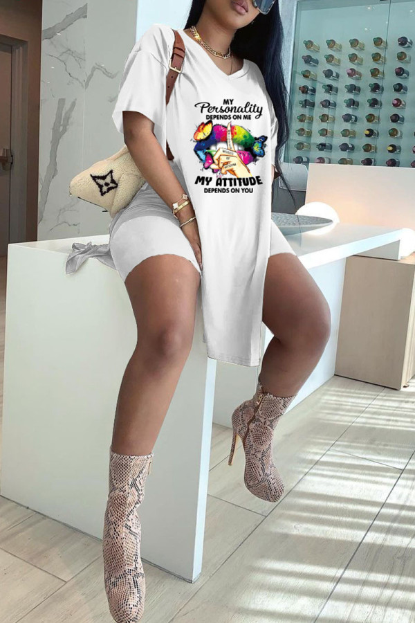 White Casual Print Patchwork Slit V Neck Short Sleeve Two Pieces