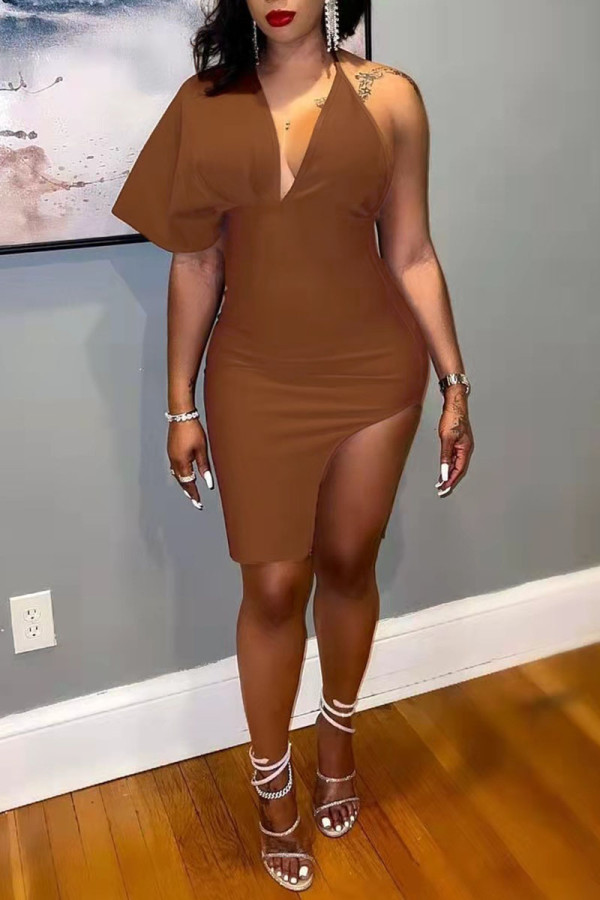Brown Sexy Solid Patchwork Backless Asymmetrical Irregular Dress Dresses
