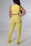 Yellow Sexy Solid Hollowed Out Patchwork Frenulum O Neck Sleeveless Two Pieces
