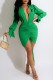 Green Fashion Street Print Fold V Neck Wrapped Skirt Dresses